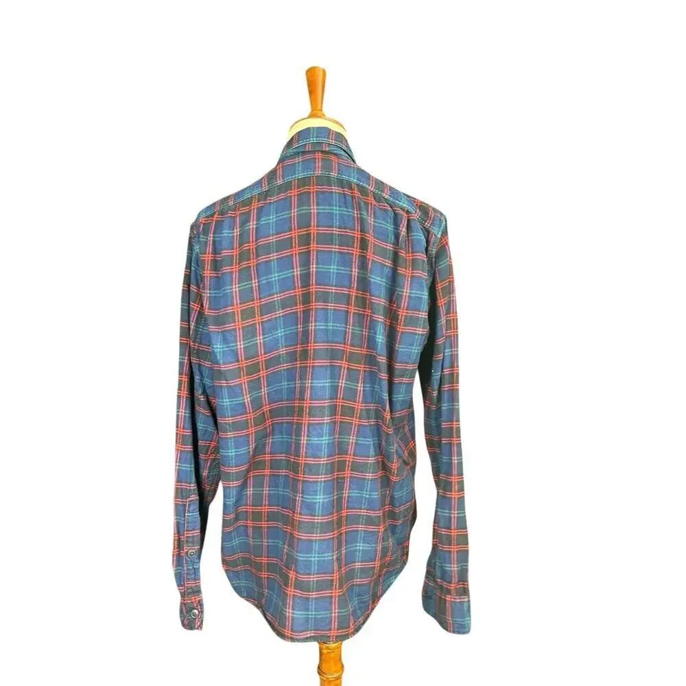 J Crew Flannel Shirt Slim Pockets Cotton Plaid Blue Green Red L Grunge Unisex